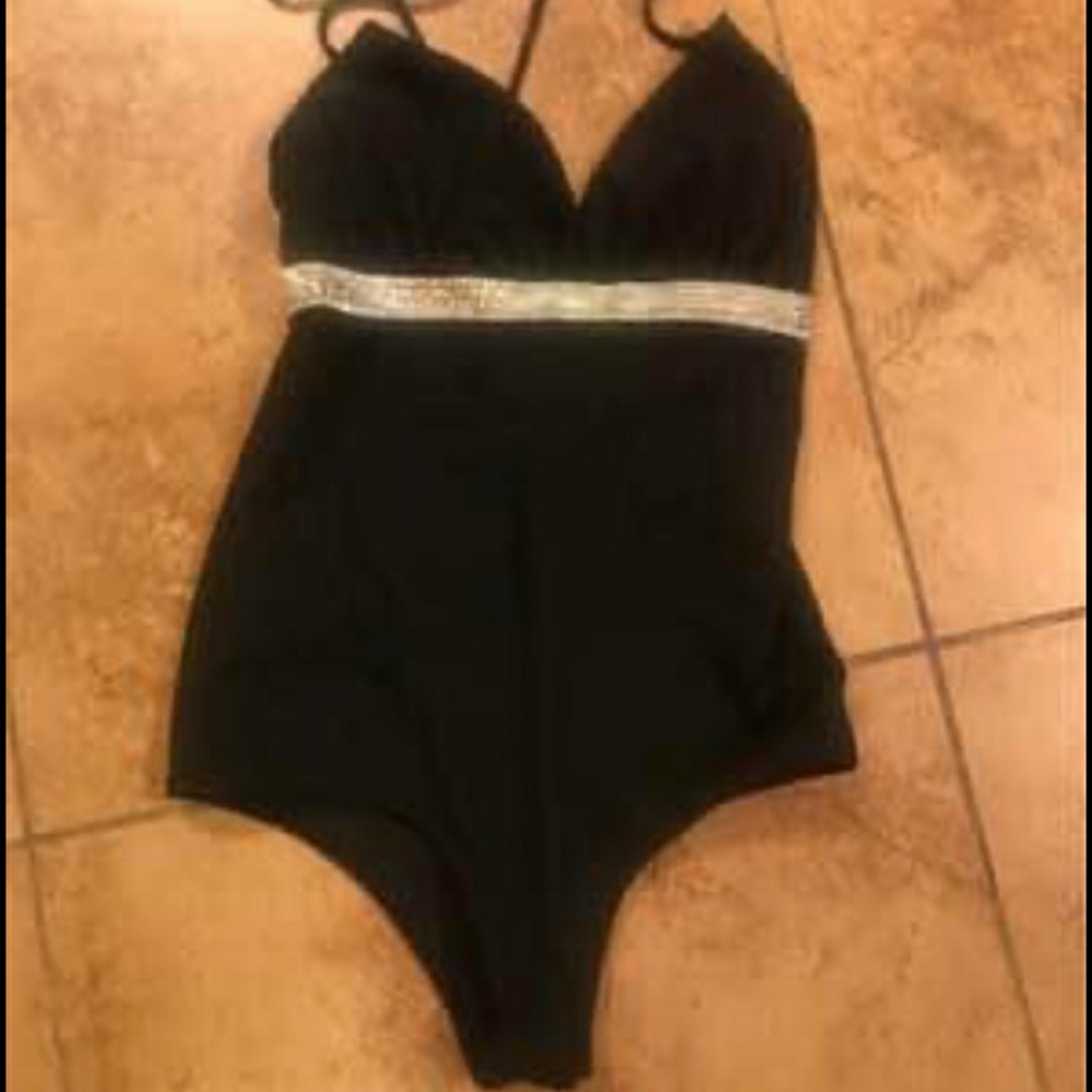 New Womens Black Body Suit with Rhinstones